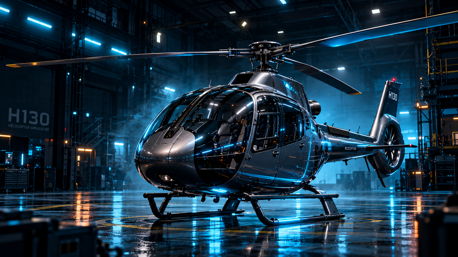 Cinematic H130-style helicopter in a dark simulator hangar