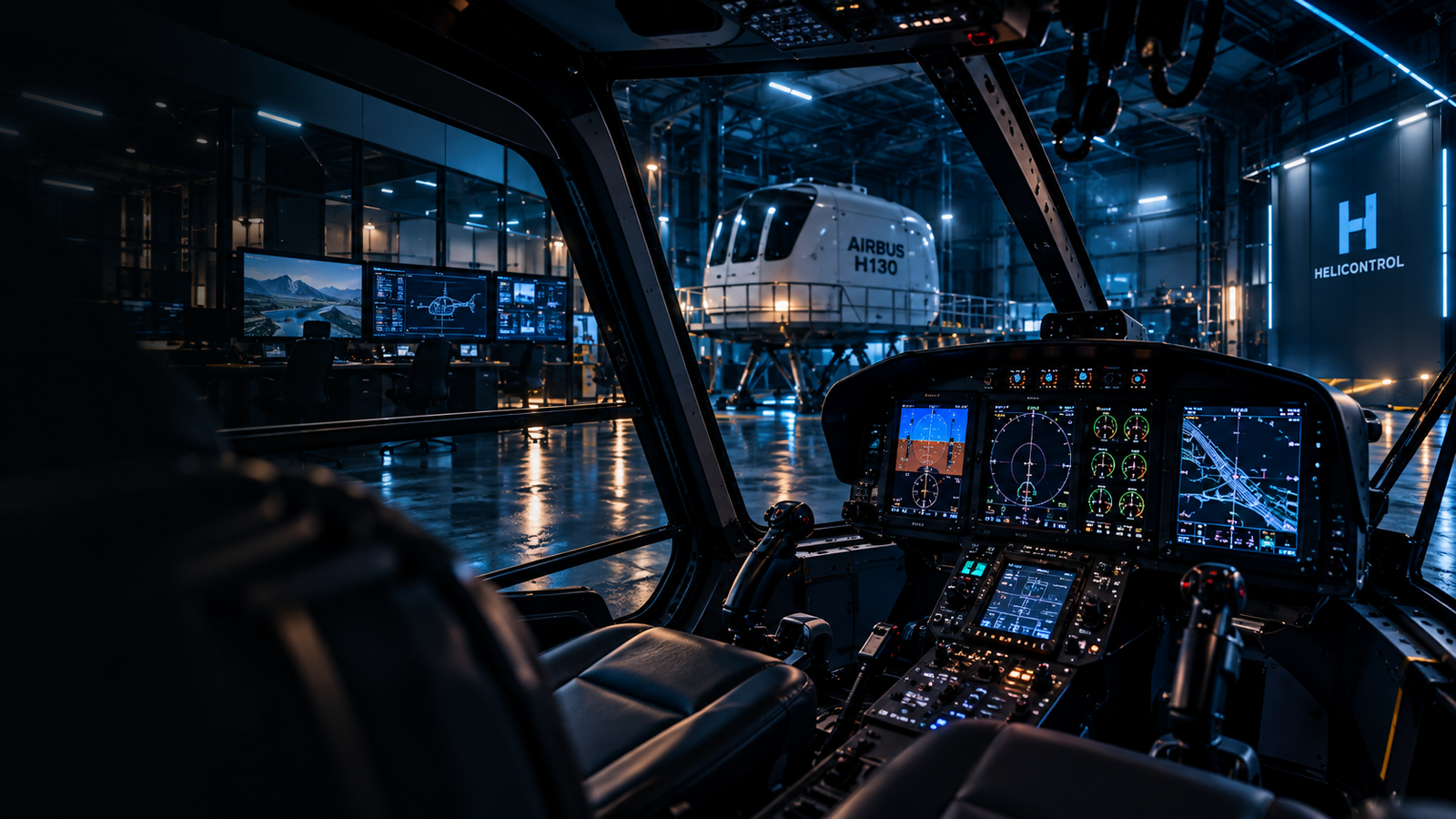 Cinematic view of a helicopter simulator cockpit in a dark aviation environment